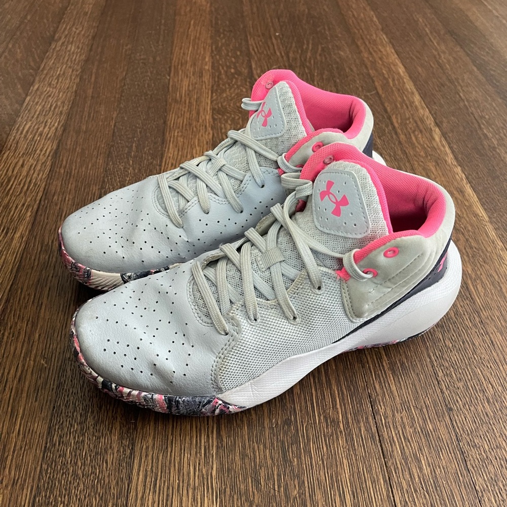 Under Armour Jet Gray and Pink Basketball Sneakers- size 7Y